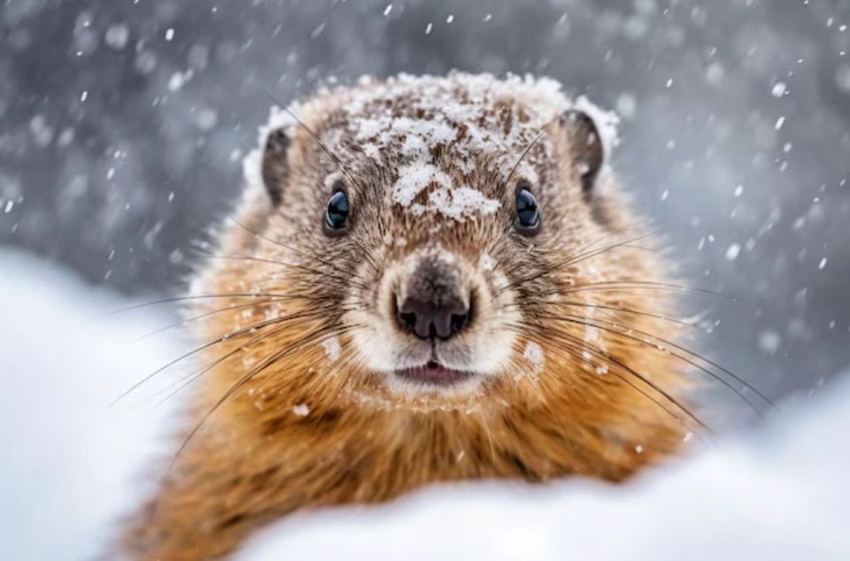 Close-up of a snow-covered marmot in winter.