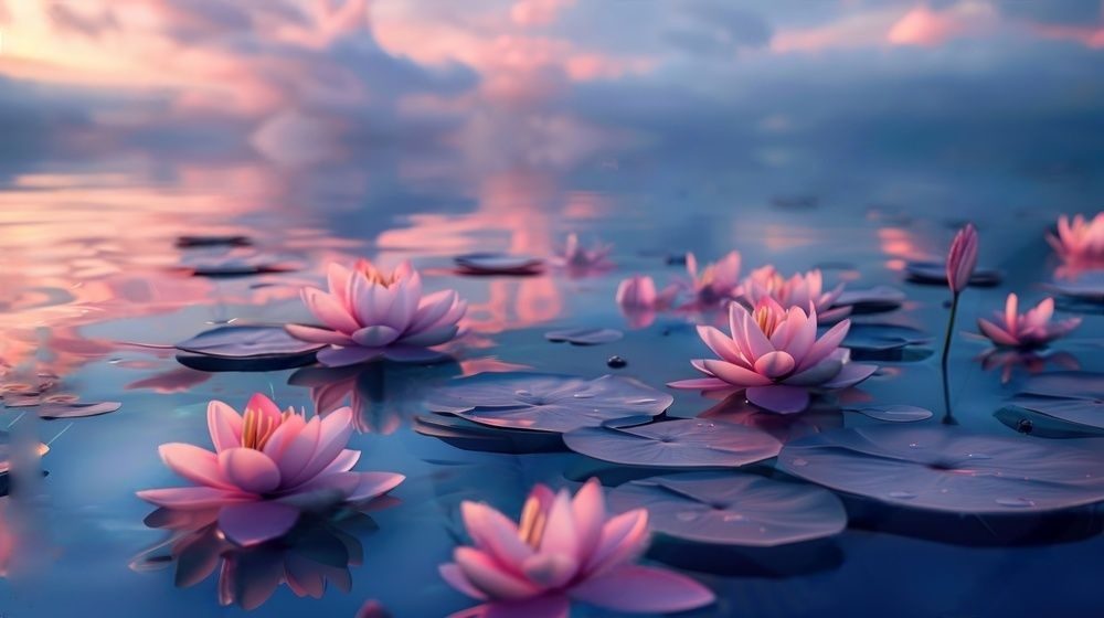 Pink water lilies floating on a pond at sunset.