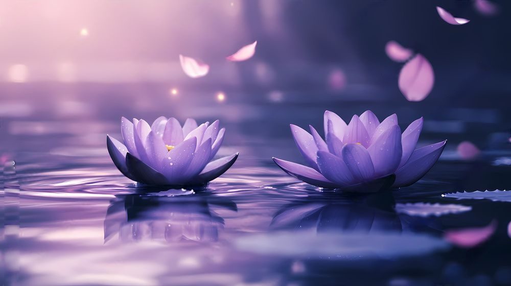 Two purple water lilies floating on calm water with soft light.