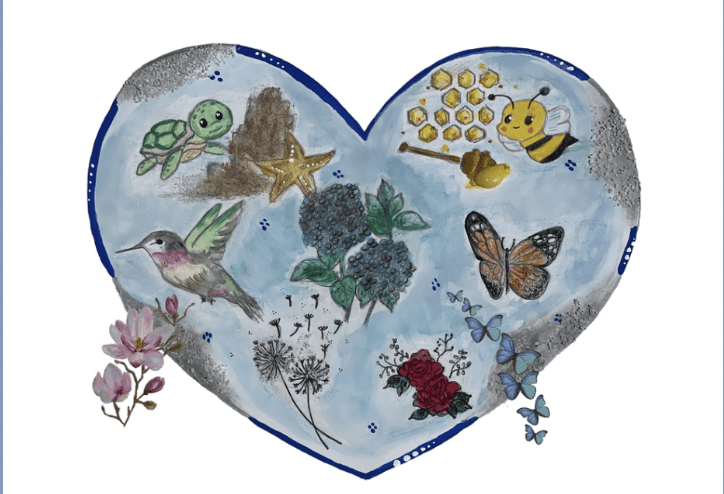 Heart-shaped artwork with birds, bees, and flowers.