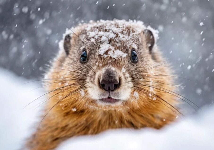 Close-up of a snow-covered marmot in winter.
